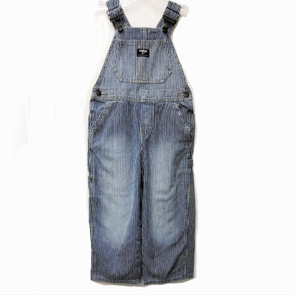 OshKosh B'gosh Railroad Stripes Navy White 100% Cotton Overalls Size 4T